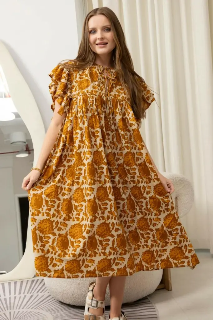 Mustard Yellow Floral Block Print Soft Cotton Midi Dress
