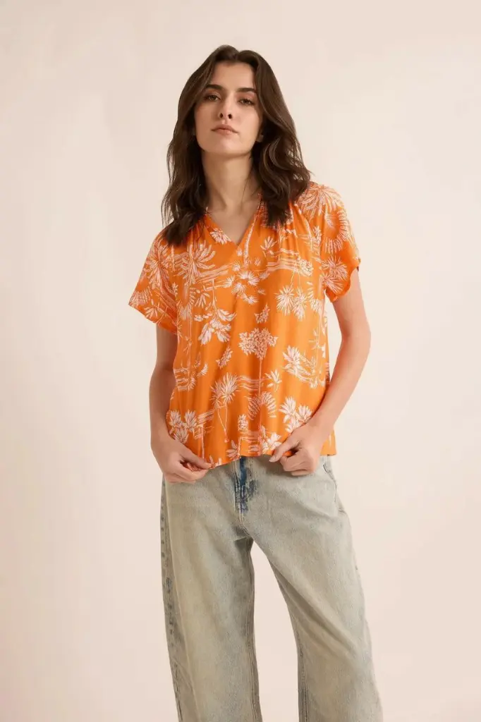 Bright Orange Tropical Palm Print Imported Rayon Top