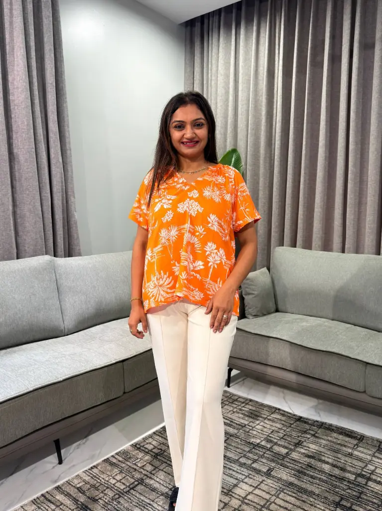 Bright Orange Tropical Palm Print Imported Rayon Top