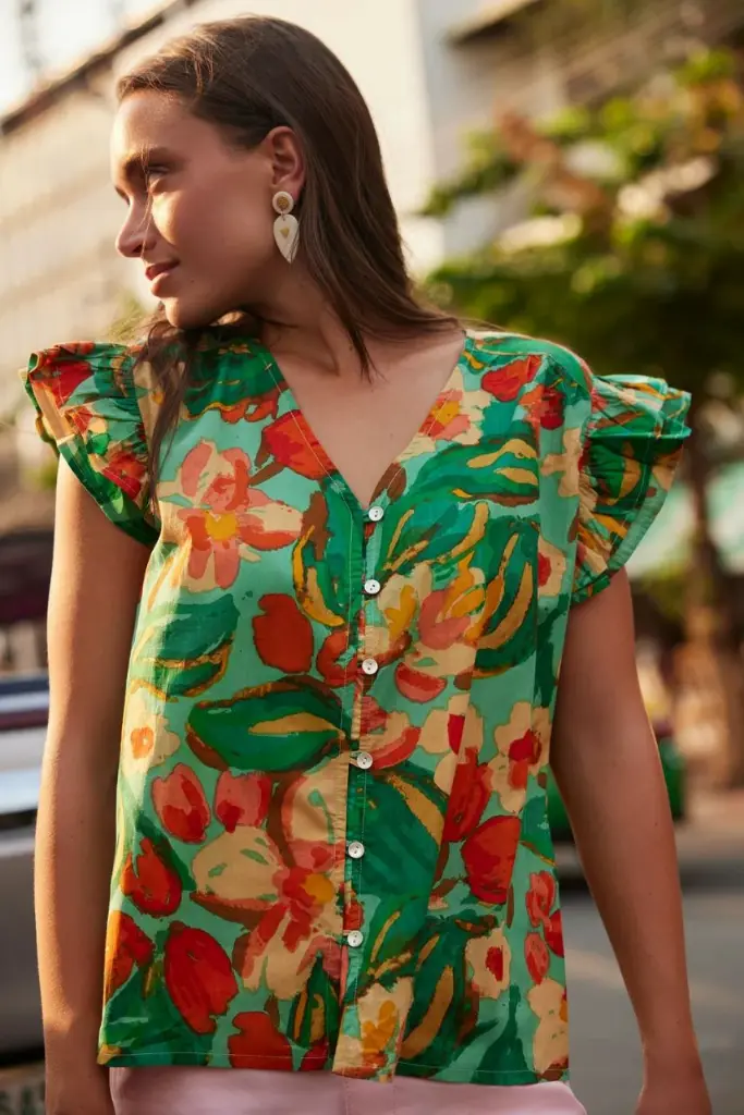 Mint Green Floral Print Flutter Sleeve Rayon Top
