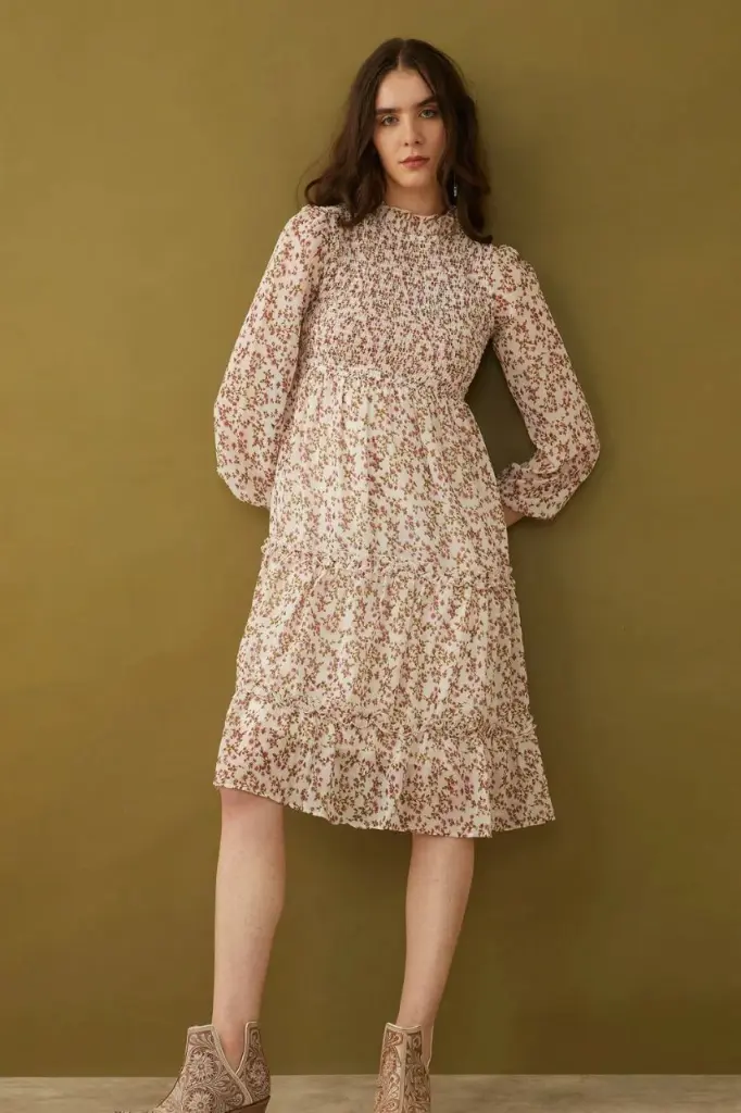 Blush Pink Ditsy Floral Smocked Viscose Midi Dress