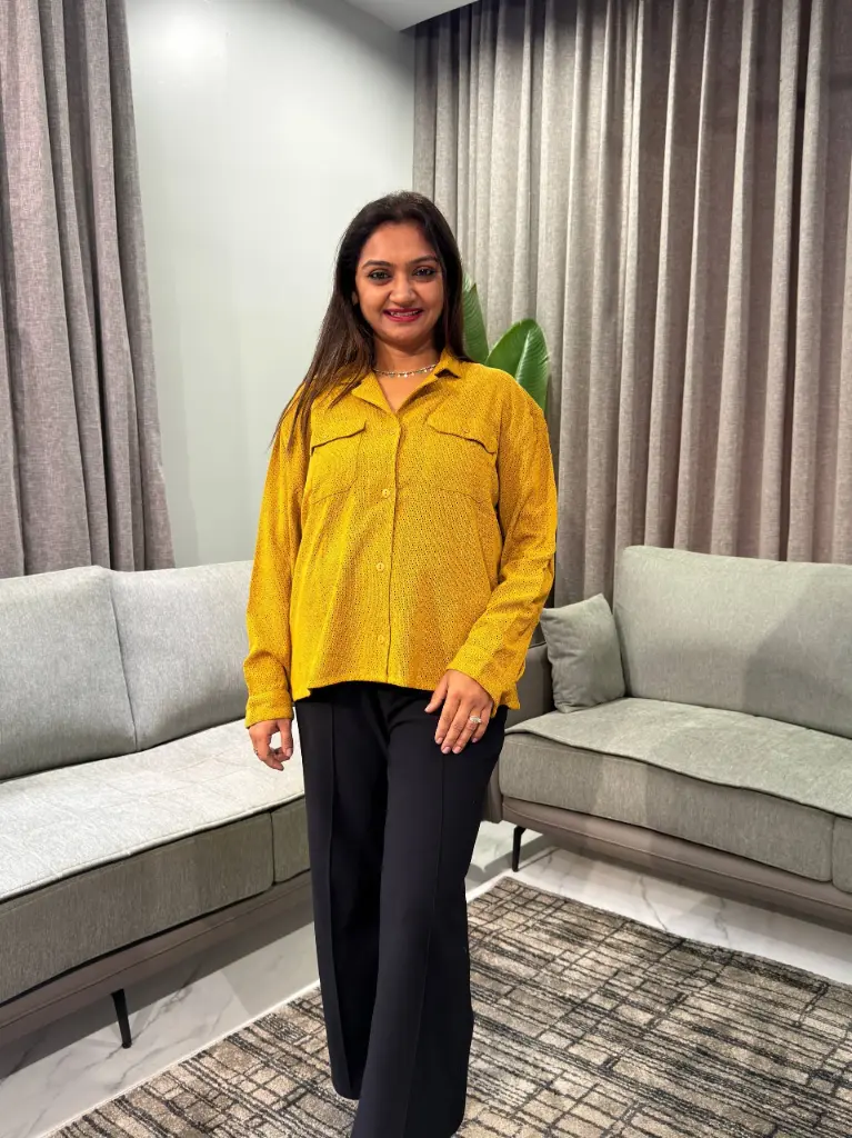 Mustard Yellow Eyelet Embroidered Soft Denim Shirt Top