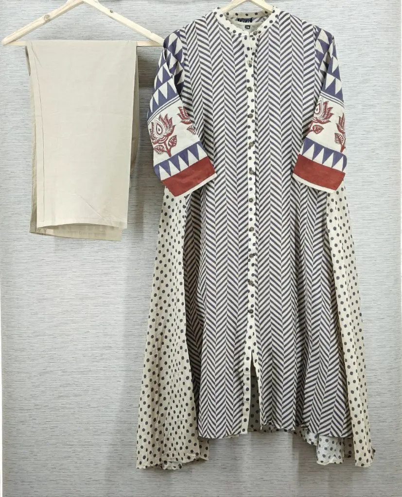 Navy Chevron Viscous Muslin Kurta Set