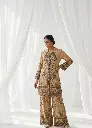 Beige Kalamkari Floral Natural Crepe Co-Ord Set with Cowrie Shell Accents
