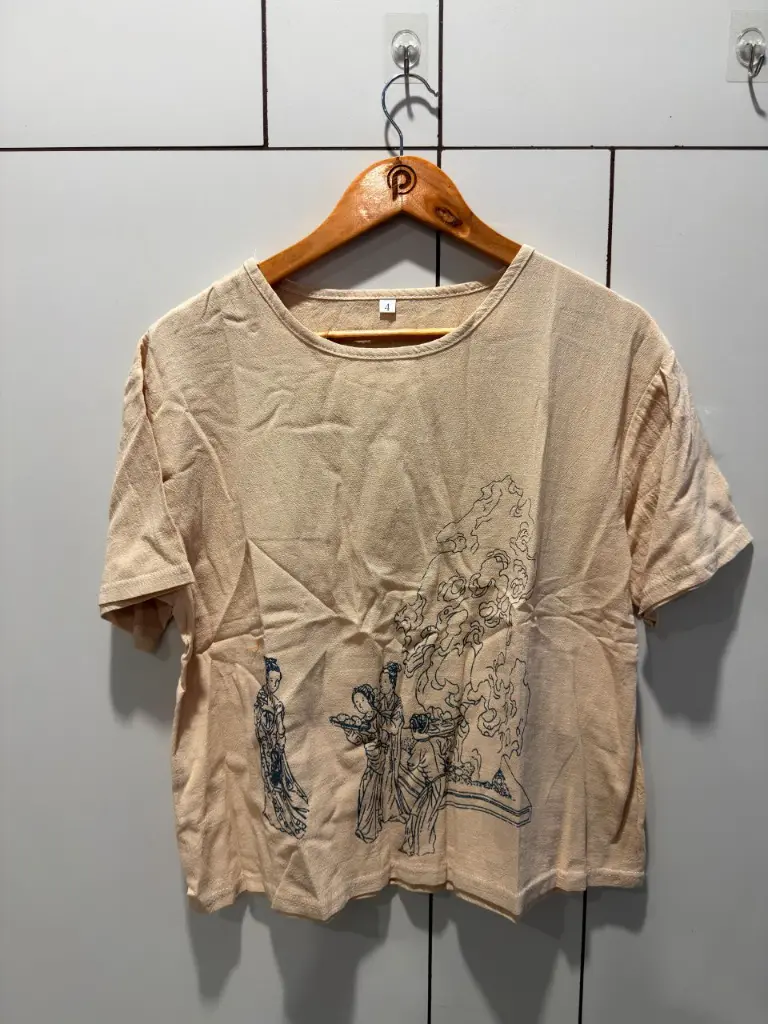 Beige Asian Oriental Sketch Printed Linen T-Shirt Top
