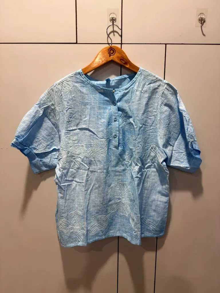 Sky Blue Floral Threadwork Free Size Linen Top