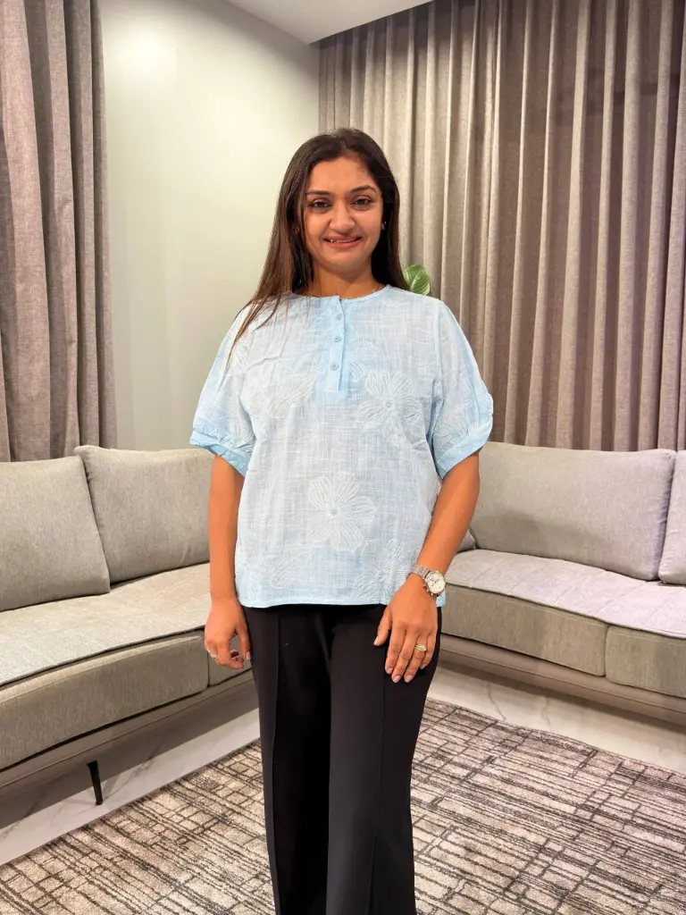 Sky Blue Floral Threadwork Free Size Linen Top