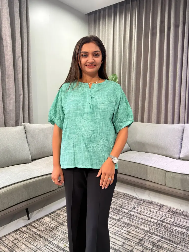 Emerald Green Floral Threadwork Free Size Linen Top