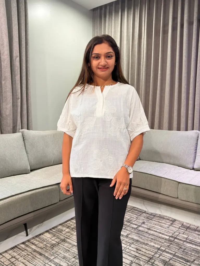 Pure White Floral Threadwork Free Size Linen Top