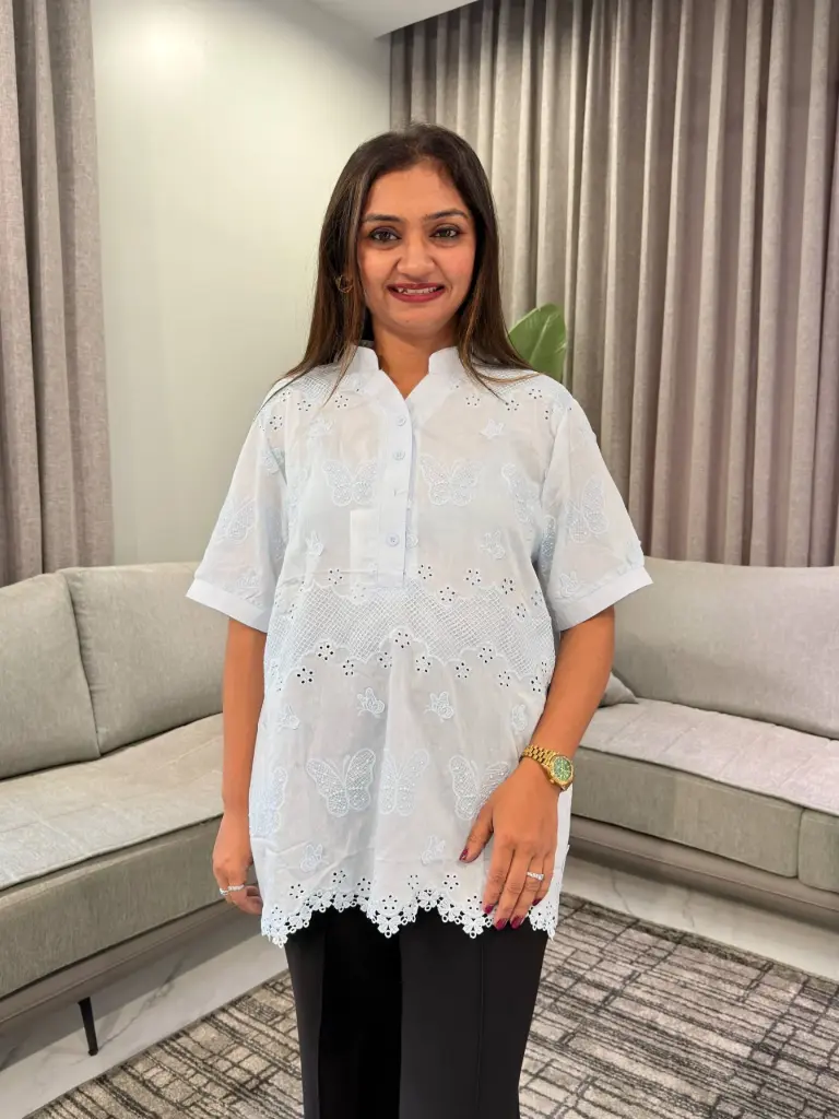 Powder Blue Butterfly Schiffli Embroidered Free Size Long Linen Top