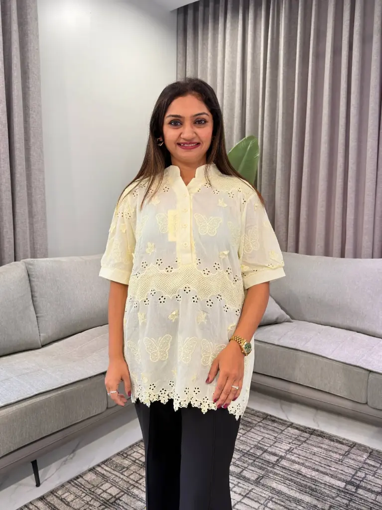 Pastel Yellow Butterfly Schiffli Embroidered Free Size Long Linen Top