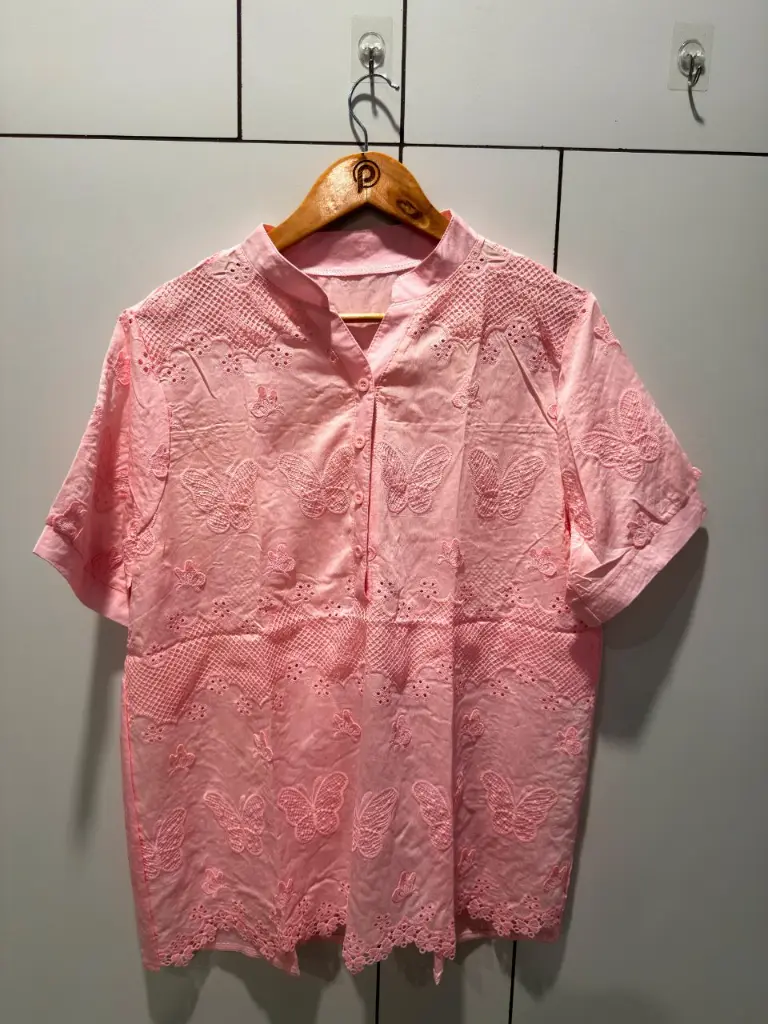 Baby Pink Butterfly Schiffli Embroidered Free Size Long Linen Top