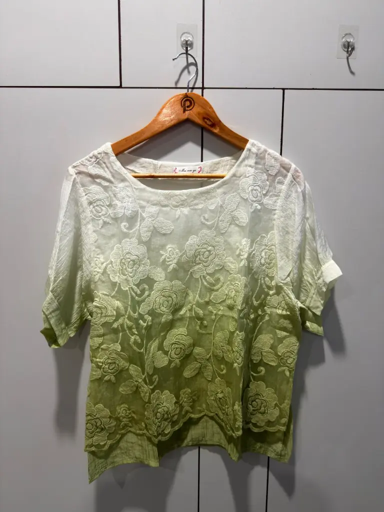 Ombre Olive Green Floral Embroidered Free Size Linen Top