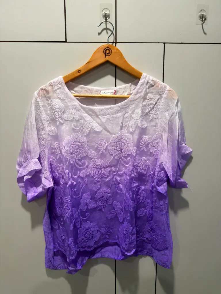 Ombre Lavender Purple Floral Embroidered Free Size Linen Top