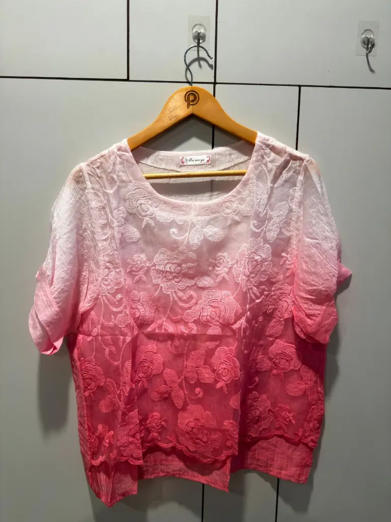 Ombre Pink Floral Embroidered Free Size Linen Top
