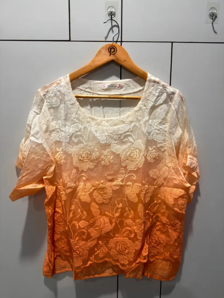 Ombre Orange Floral Embroidered Free Size Linen Top