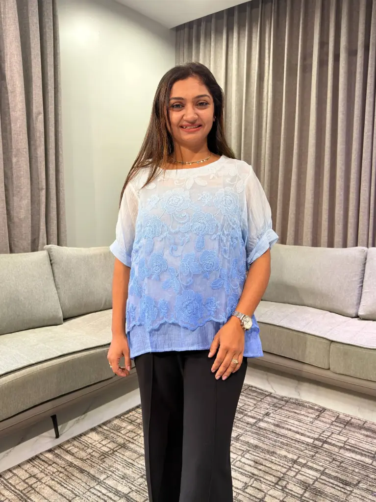 Ombre Sky Blue Floral Embroidered Free Size Linen Top