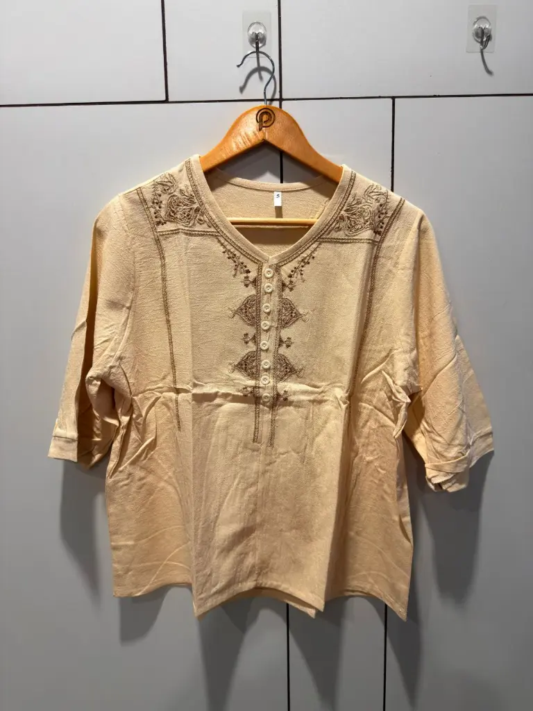 Beige Embroidered Yoke Imported Linen Top