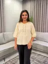Beige Embroidered Yoke Imported Linen Top