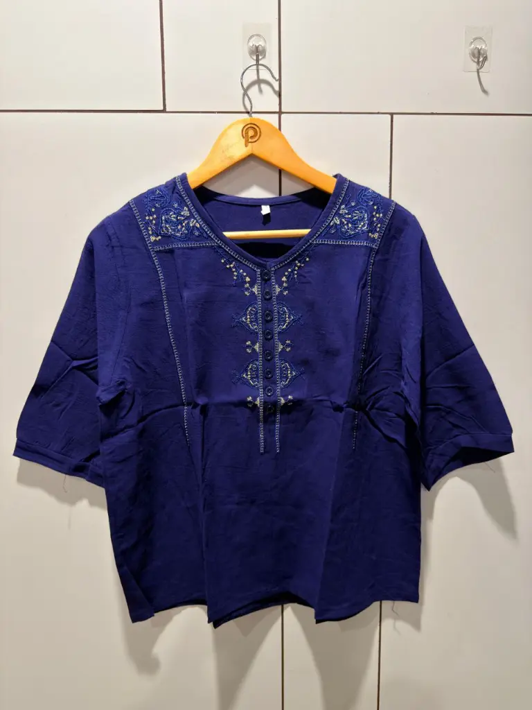 Royal Blue Embroidered Yoke Imported Linen Top