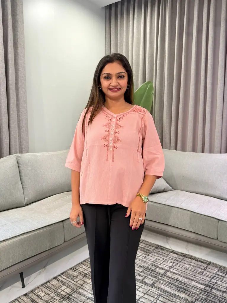 Terracotta Pink Embroidered Yoke Imported Linen Top