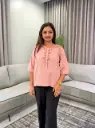 Terracotta Pink Embroidered Yoke Imported Linen Top