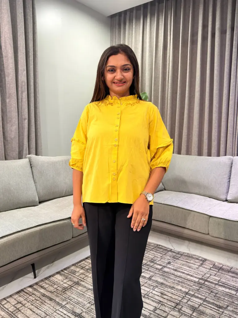 Mustard Yellow Ruffle Collar Embroidered Free Size Linen Shirt Top
