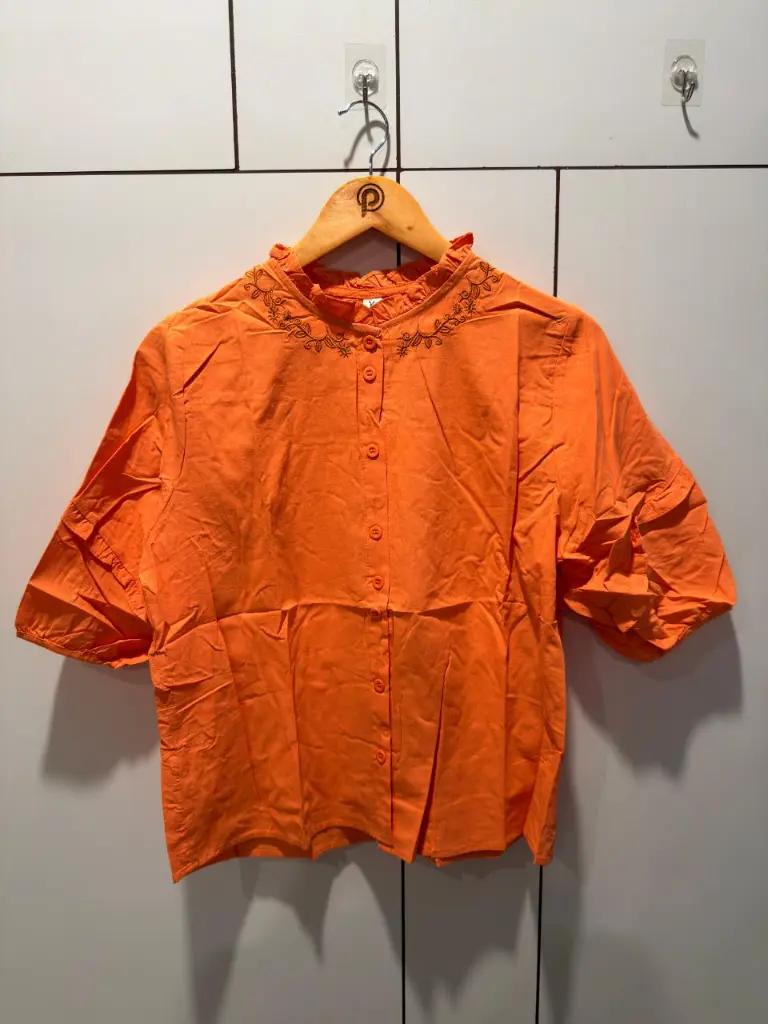 Vibrant Orange Ruffle Collar Embroidered Free Size Linen Shirt Top