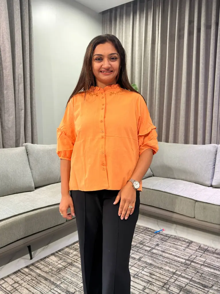 Vibrant Orange Ruffle Collar Embroidered Free Size Linen Shirt Top