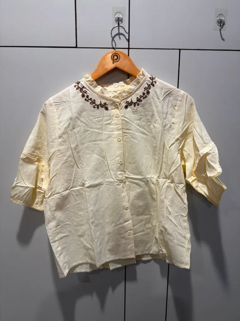 Pastel Yellow Ruffle Collar Embroidered Free Size Linen Shirt Top