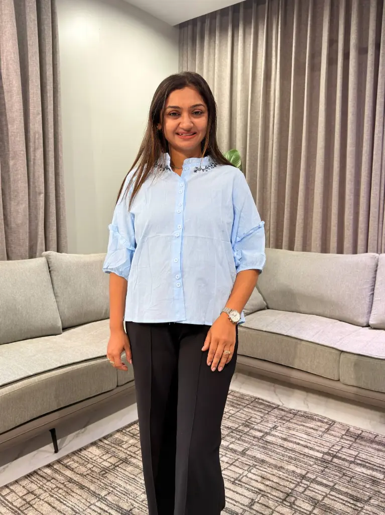 Sky Blue Ruffle Collar Embroidered Free Size Linen Shirt Top