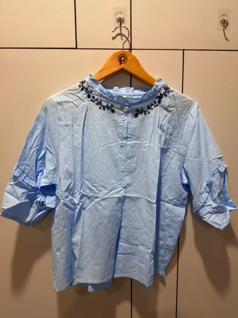 Sky Blue Ruffle Collar Embroidered Free Size Linen Shirt Top