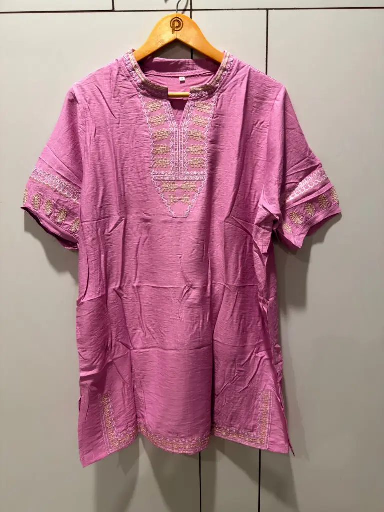 Mauve Pink Embroidered Neck Long Linen Tunic Top