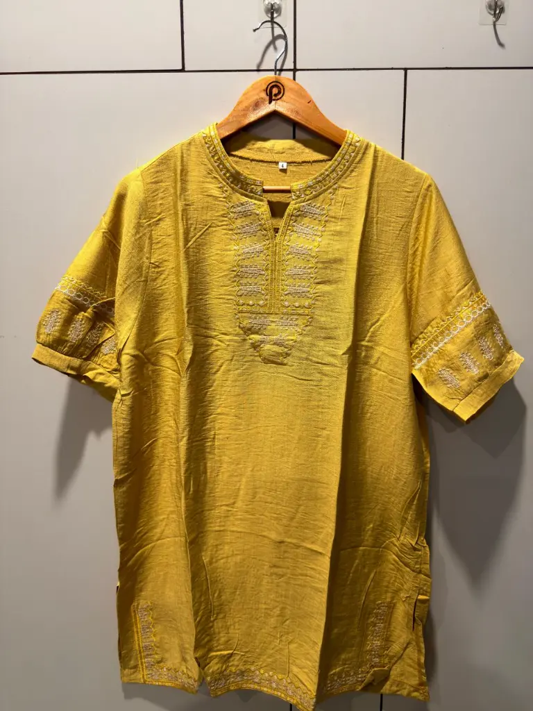 Mustard Yellow Embroidered Neck Long Linen Tunic Top