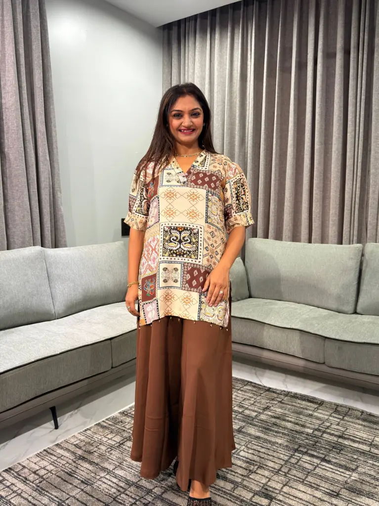 Beige & Chocolate Brown Patchwork Printed Muslin Co-ord Set