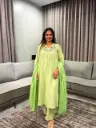 Pistachio Green Floral Embroidered Mull Cotton Kurta Set with Dupatta