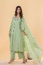 Pistachio Green Floral Embroidered Mull Cotton Kurta Set with Dupatta