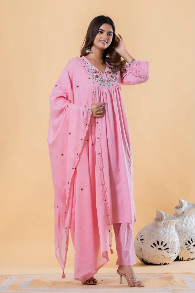 Baby Pink Floral Embroidered Mull Cotton Kurta Set with Dupatta