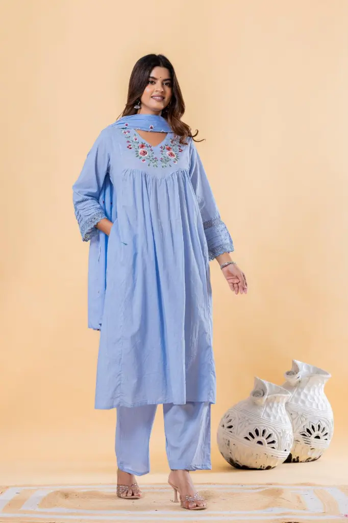 Powder Blue Floral Embroidered Mull Cotton Kurta Set with Dupatta