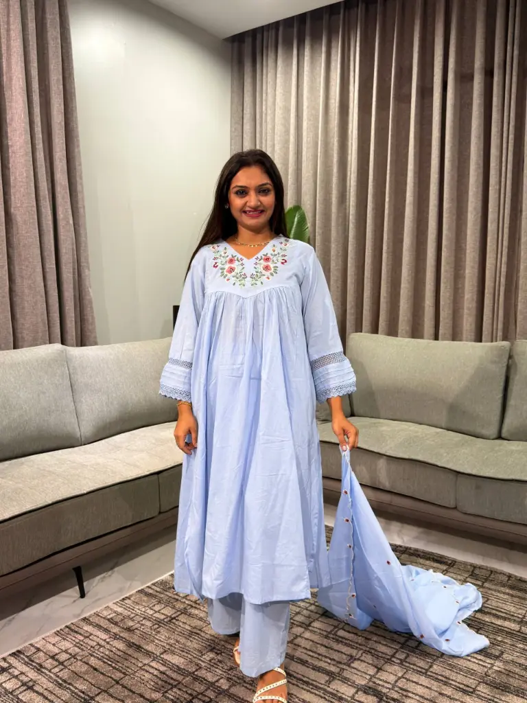 Powder Blue Floral Embroidered Mull Cotton Kurta Set with Dupatta