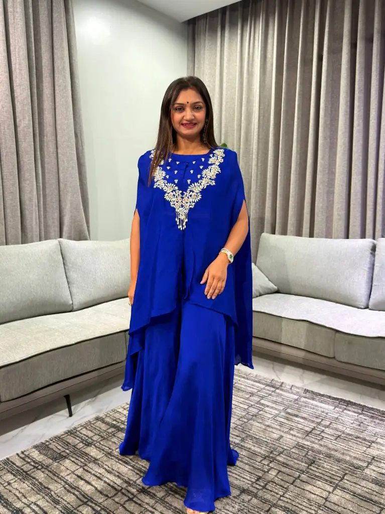 Royal Blue Hand-Embroidered Cape Kurta Set with Sharara Palazzo