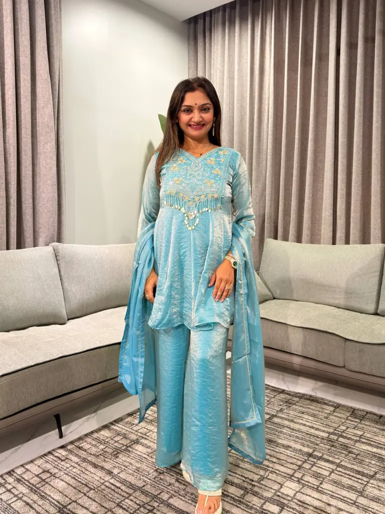 Aqua Blue Royale Shining Silk Indo-Western Set