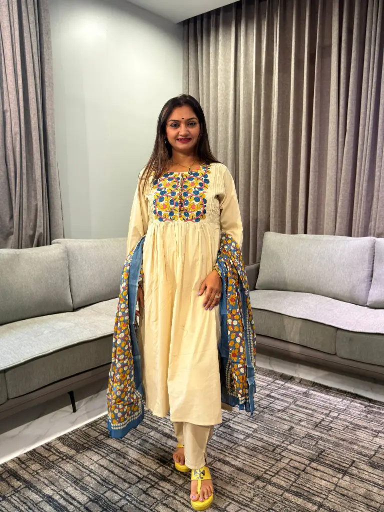 Beige Floral Embroidered Soft Cotton Kurta Set with Dupatta