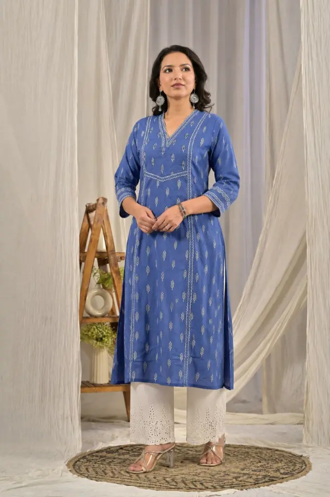 Indigo Blue Leaf Printed Cotton Kurta with Chikankari Palazzo Set