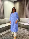Indigo Blue Leaf Printed Cotton Kurta with Chikankari Palazzo Set