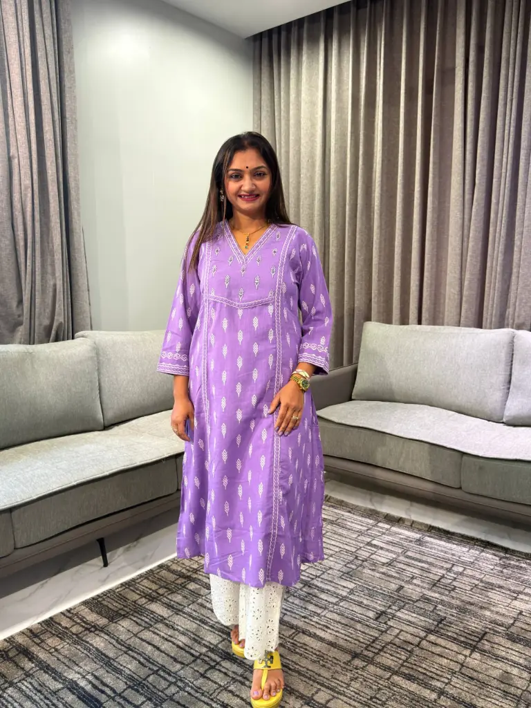 Purple Leaf Printed Soft Cotton Kurta with Chikankari Palazzo Set