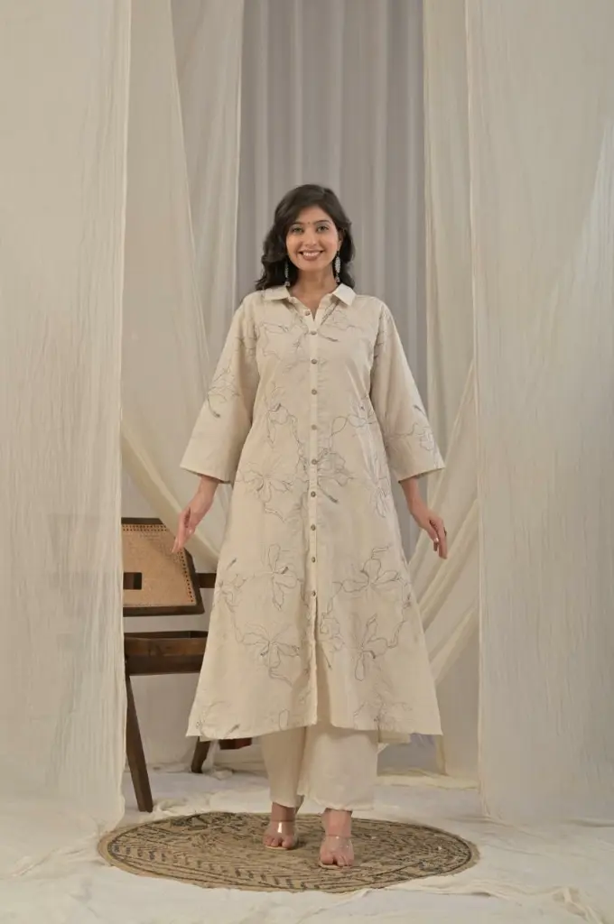 Beige Floral Line Embroidered Soft Cotton Shirt Kurta Set