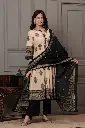 Beige and Black Block Print Cotton 3-Piece Kurta Set