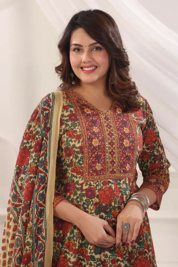 Beige and Red Kalamkari Floral Print Cotton 3-Piece Kurta Set