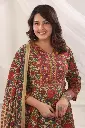 Beige and Red Kalamkari Floral Print Cotton 3-Piece Kurta Set
